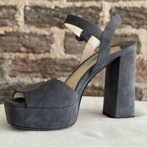 Prada Suede Platform Block Heel Sandals Gray Ankle Strap